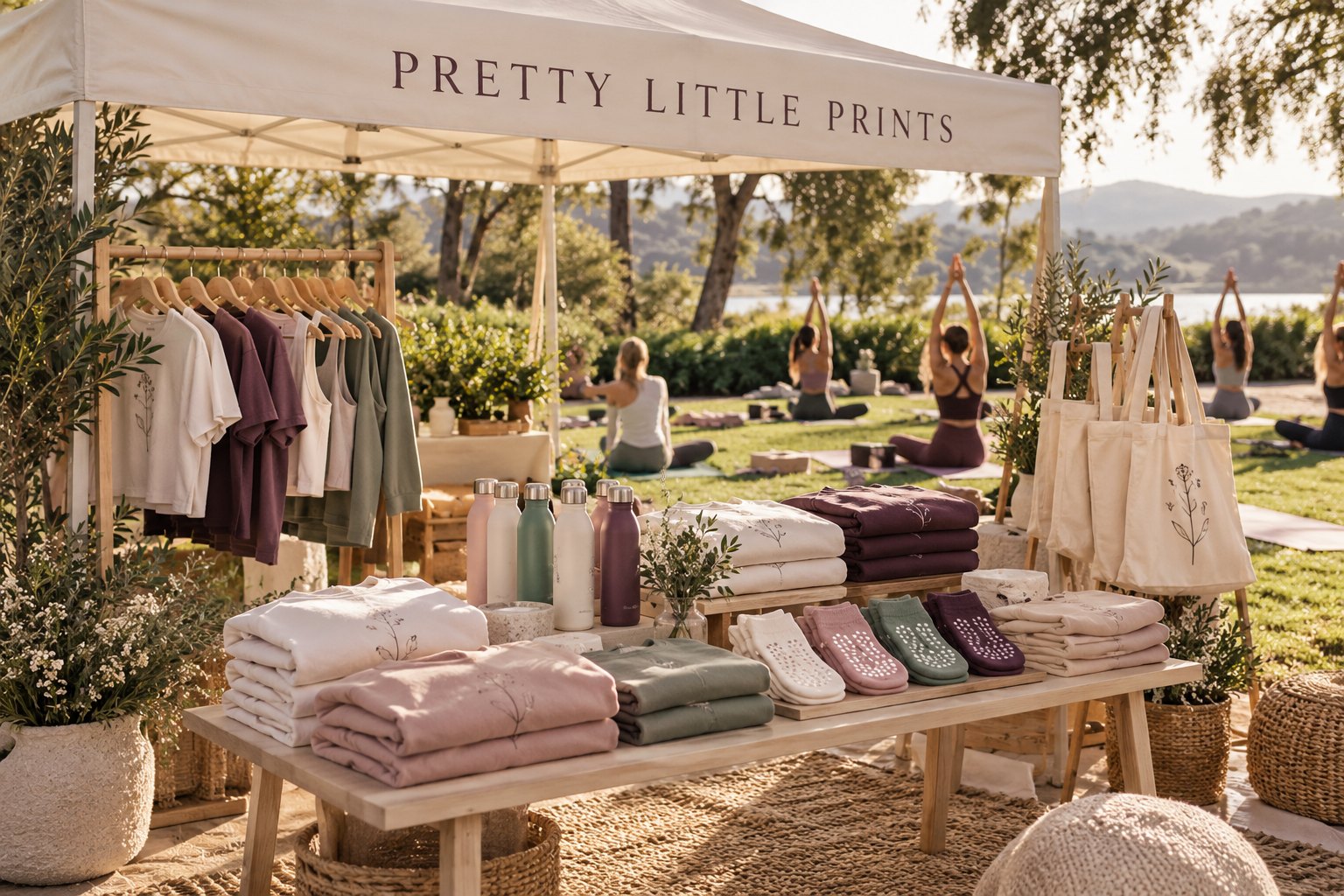 Concept of a Pretty Little Prints yoga and Pilates event stall displaying soft apparel, canvas totes, grip socks, and water bottles